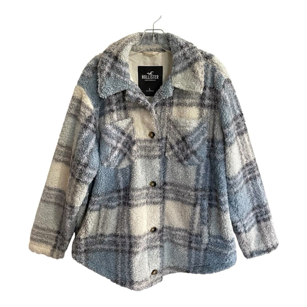 Hollister Sherpa Teddy Fleece Jacket Shacket Plaid Size Large Women Blue Cozy